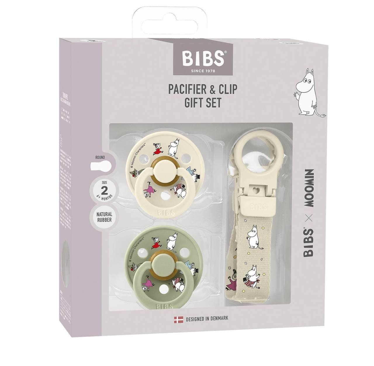 Набір пустушки та тримач Bibs x Moomins Colour Pacifier & Loop Clip Gift Set Latex – Ivory/Sage 6-18 м