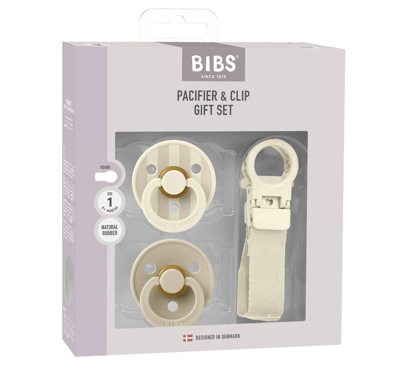 Набір пустушки та тримач bibs colour pacifier & loop clip gift set latex ivory 0-6 м