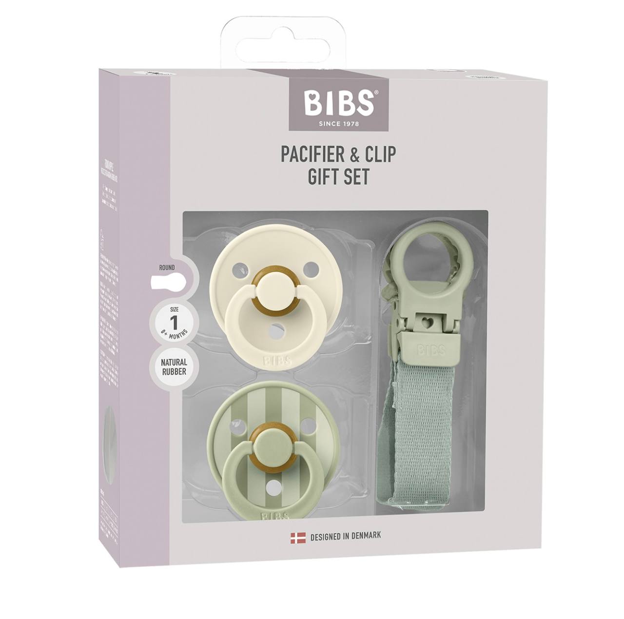Набір пустушки та тримач bibs colour pacifier & loop clip gift set latex sage 0-6 м