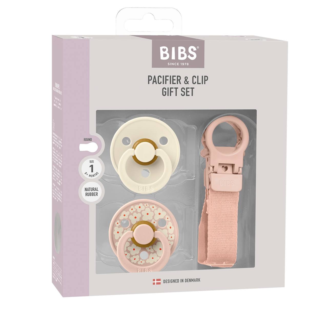 Набір пустушки та тримач bibs colour pacifier & loop clip gift set latex blush 0-6 м