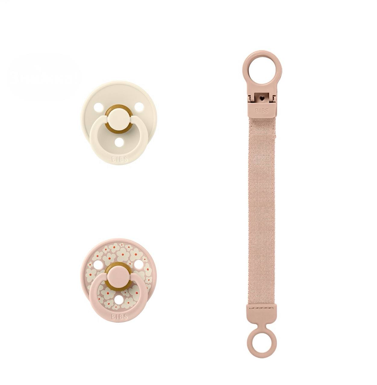 Набір пустушки та тримач bibs colour pacifier & loop clip gift set latex blush 0-6 м