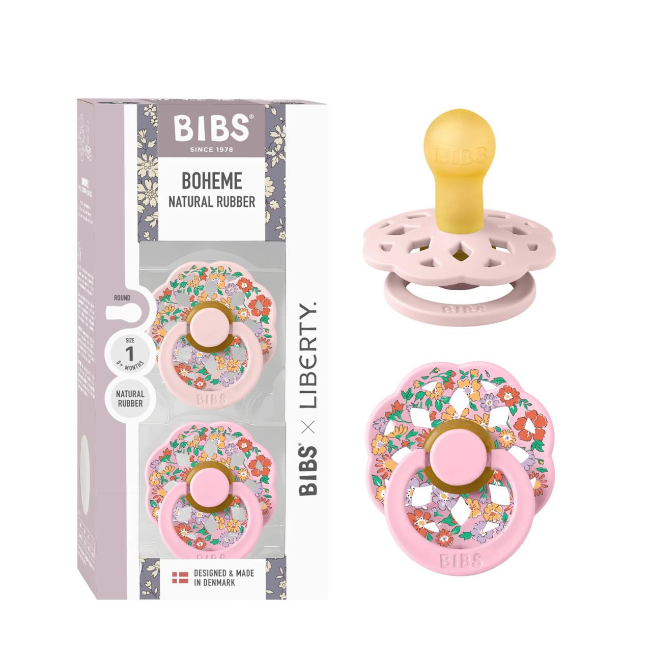 Пустушка Bibs x Liberty Boheme Latex Round (кругла) Oscar Meadow Blossom Mix 6-18 м ( 2 в упаковці )